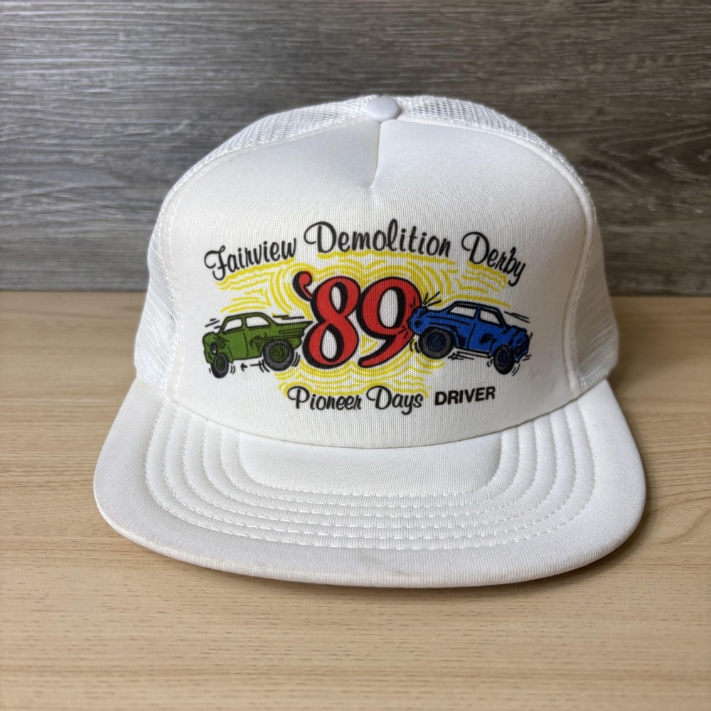VINTAGE Fairview Demolition Derby Hat Cap Snap Back White Trucker Mesh Mens 80s